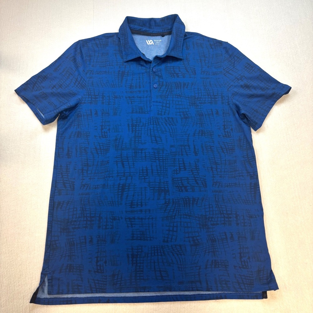 VRST Mens Blue Black Abstract Grid Polo Shirt Medium Short Sleeve Stretch Golf